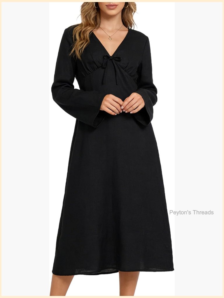 100% Linen Midi Dress Long Sleeve V Neck With Tie